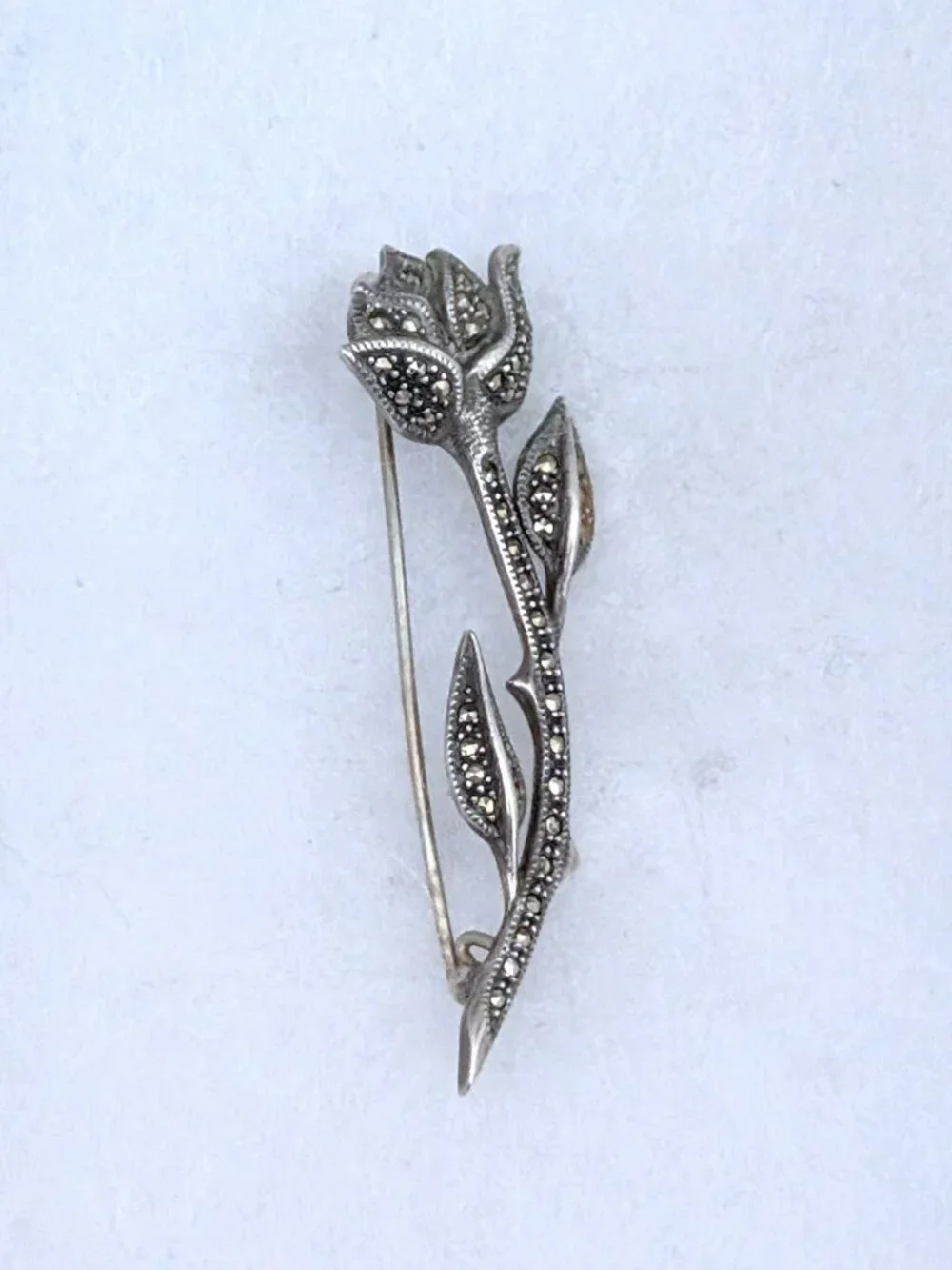 Beautiful Vintage Designer Sterling Silver 925 Marcasite Rose Flower Brooch Pin